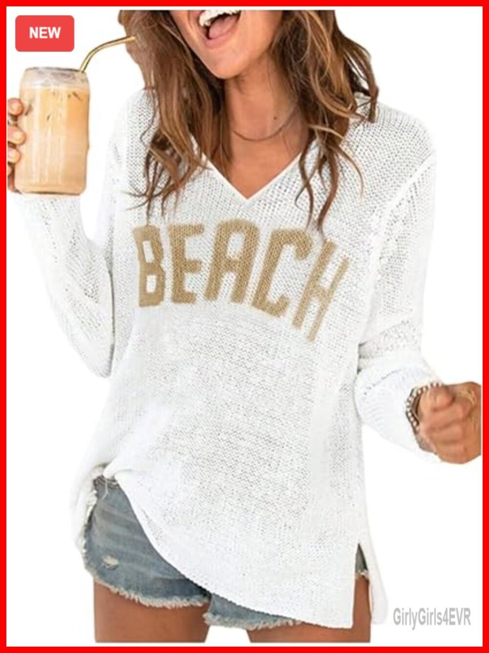 Long Sleeve V Neck Beach Cover Up Knit Crochet Split Hem Sweater Top